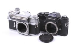 Two Nikon 35mm SLR camera bodies. to include a Nikkorex, Chrome, Serial No.