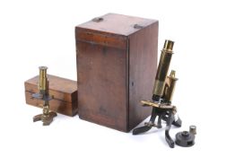 Two late 19th century mahogany cased microscopes.