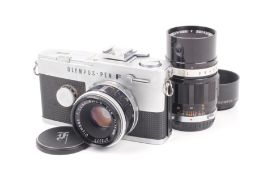An Olympus Pen F 35mm half frame SLR camera outfit. Chrome. Serial No. 282830.