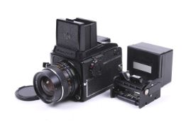 A Mamiya m645 1000s 6x4.5 medium format SLR camera. With a Mamiya Sekor C 55mm f2.
