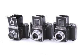 Three 6x6 medium format SLR cameras. To include two Agiflex each with 80mm f3.