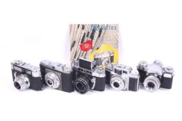 Five assorted SLR and viewfinder cameras.