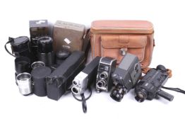 An assortment of cine cameras, lenses and accessories.