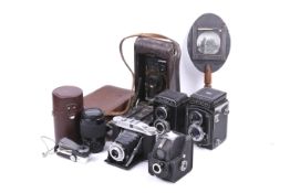 Five cameras and accessories. To include A LustreFlex TLR, a Lubitel 2, a Praktica 70-210mm f4-5.
