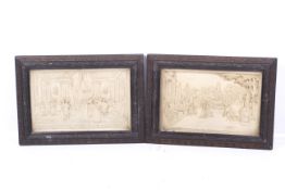A pair of moulded relief pictures. Depicting figures socialising, 18.5cm x 29.