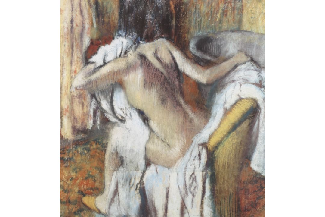 A print of an Edgar Degas pastel of a girl washing. 42cm x 39cm, framed and glazed. - Image 1 of 2