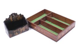 An inlaid mahogany cutlery tray and a lacquered letter rack. Max.