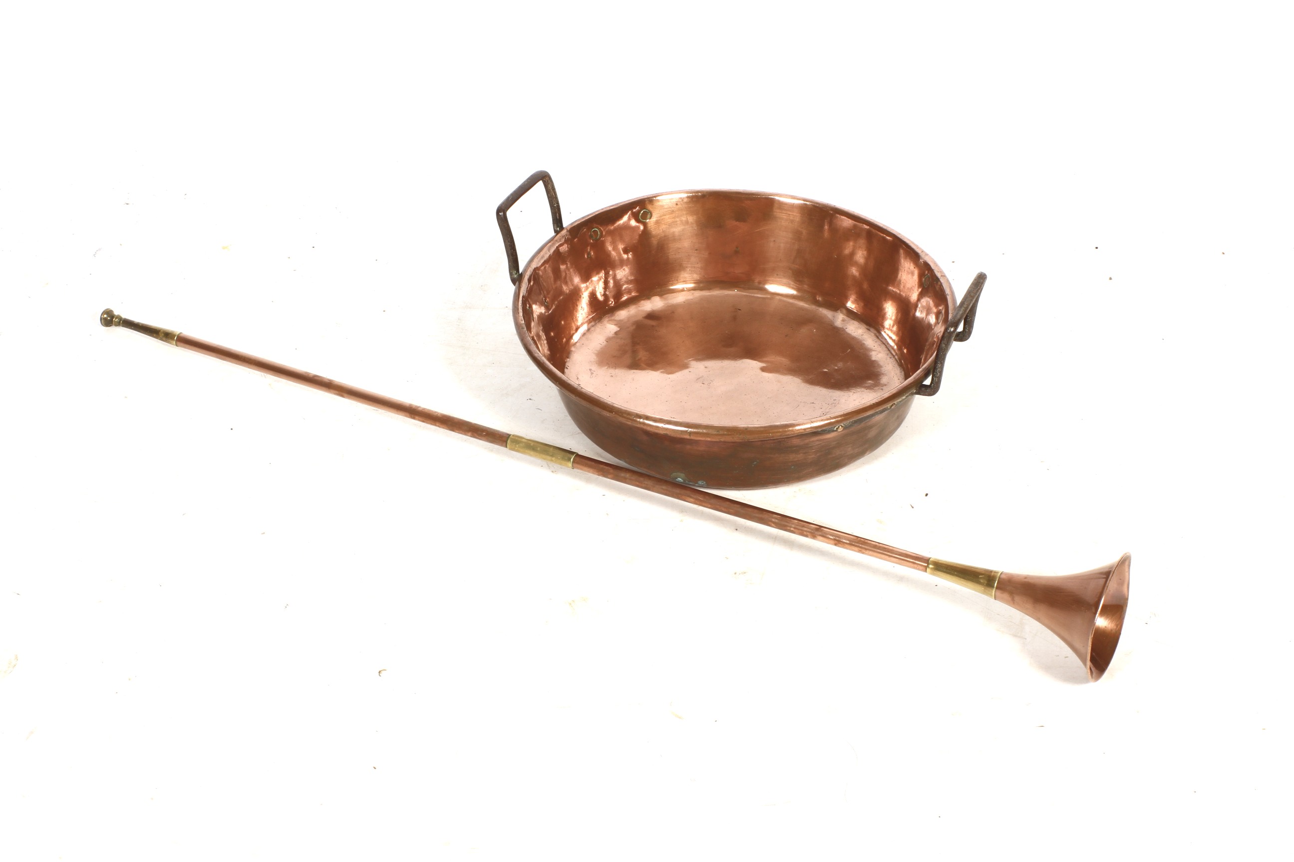 Copper twin iron handled pan and coaching horn.