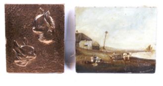 An oil on canvas landscape and a copper picture of two dogs. The painting signed 'Mick Leburgh', 20.
