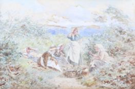 Walter Duncan (1848-1932) watercolour 'The Village Gossips'. Information to verso, 17.5cm x 26.