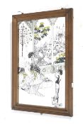 A mid century 'Aubrey Beardsley' style decorated wall mirror. Framed.