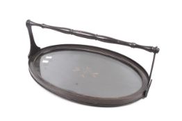 A vintage inlaid wooden oval tray. With a handle and glass top.