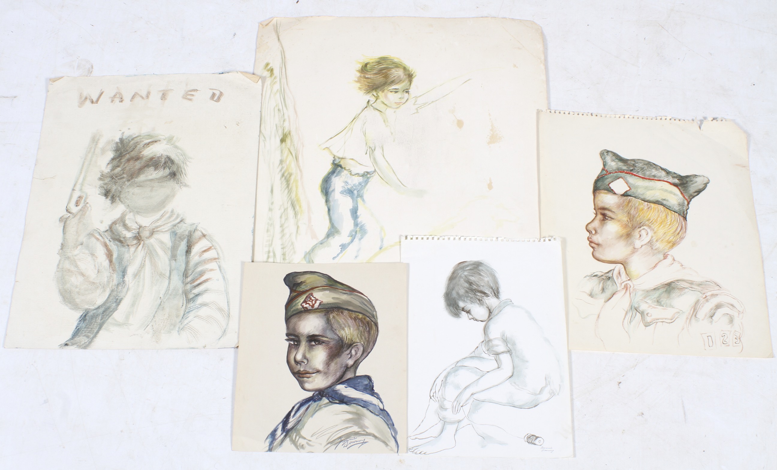 Five pen and watercolour drawings by Brownie Downing (Australian, 1924-1995).