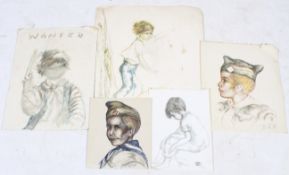 Five pen and watercolour drawings by Brownie Downing (Australian, 1924-1995).