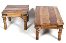 An Indonesian hardwood square coffee table and a rectangular coffee table.