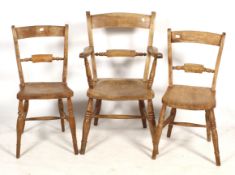 Three Windsor stripped bar back kitchen chairs.