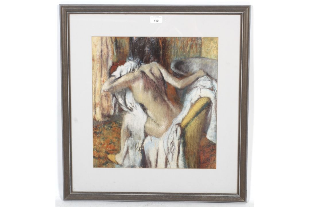 A print of an Edgar Degas pastel of a girl washing. 42cm x 39cm, framed and glazed. - Image 2 of 2