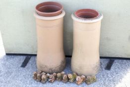 A pair of chimney pots converted into garden planters and a set of nine terracotta miniature lion