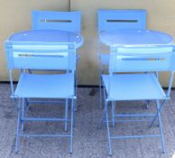 Two three piece Bistro sets. Consisting of two circular folding tables and four folding chairs.