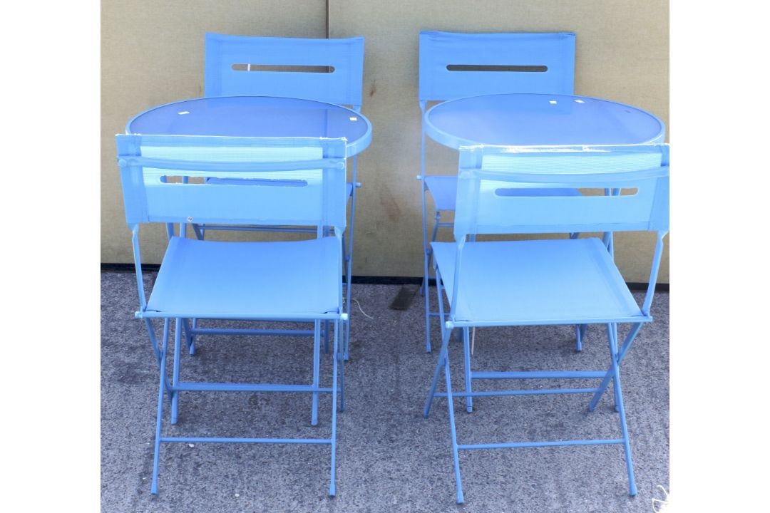 Two three piece Bistro sets. Consisting of two circular folding tables and four folding chairs. - Image 1 of 2