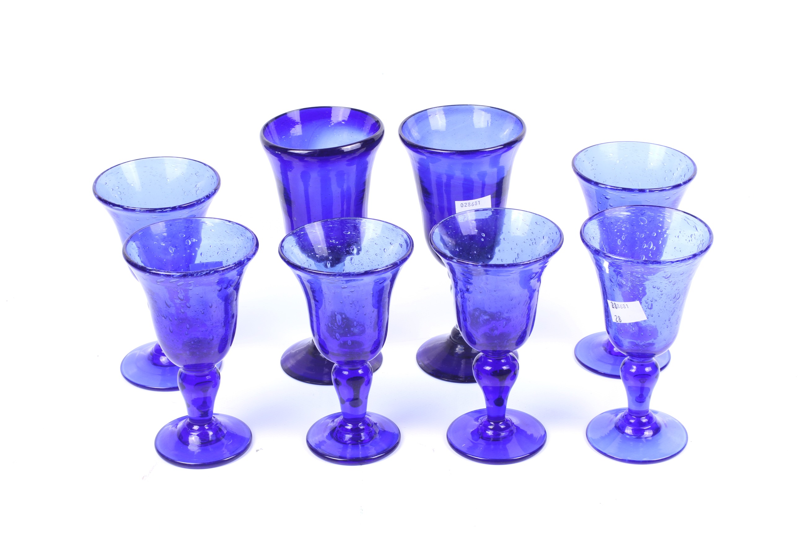 A set of six La Verrerie de Biot blue glass wine glasses and two others. Max.