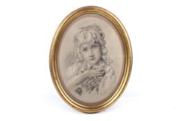 An oval charcoal on paper sketch. Depicting a young girl, signed 'F. M. L. D.