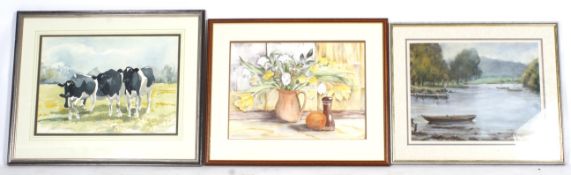 Three signed pictures. Comprising a watercolour 'Springtime in the Kitchen' signed 'J.