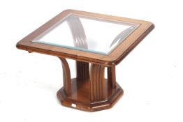 A contemporary wooden coffee table.