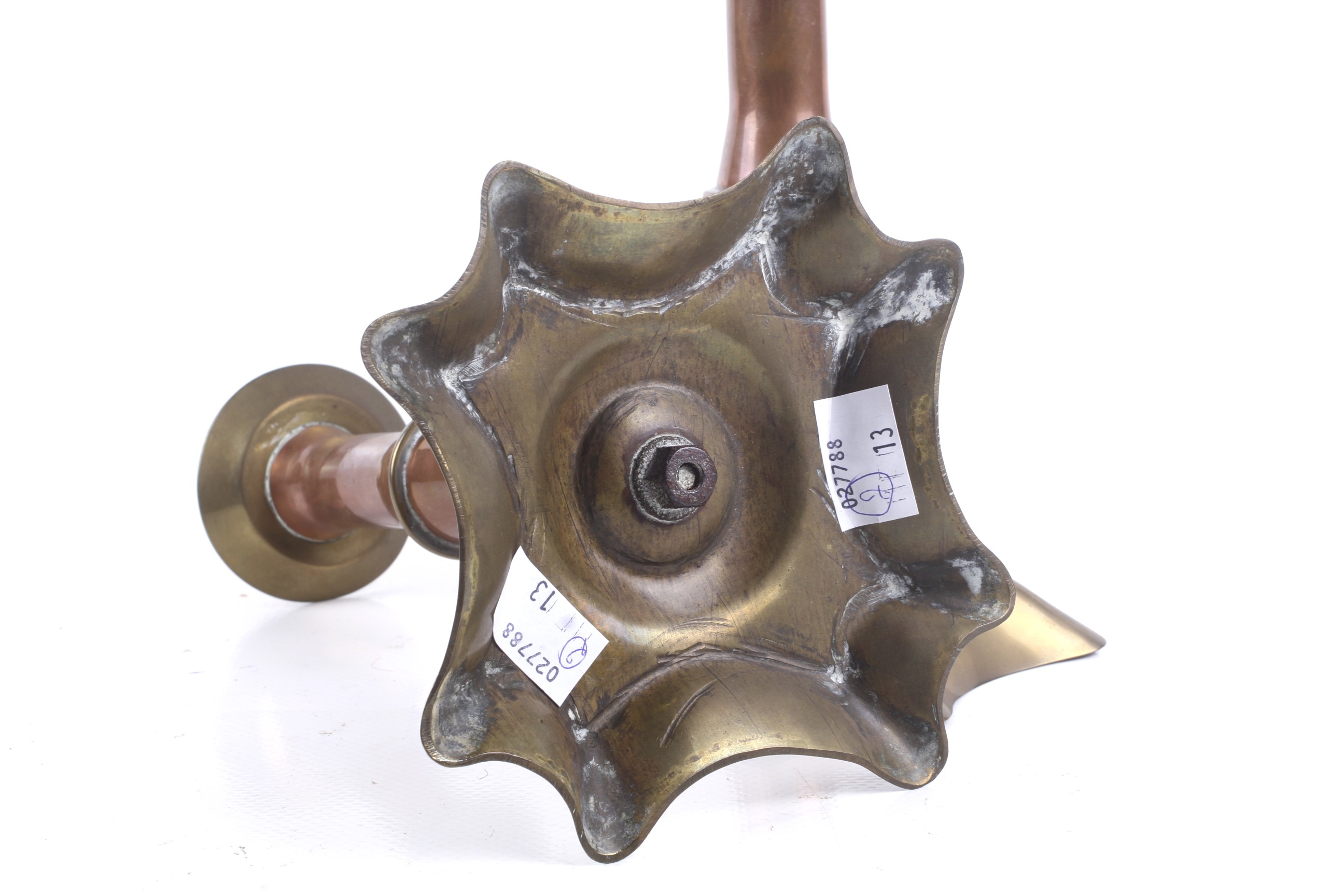 A pair of Arts and Crafts candlesticks in the manner of WAS Benson, circa 1900. - Image 2 of 2