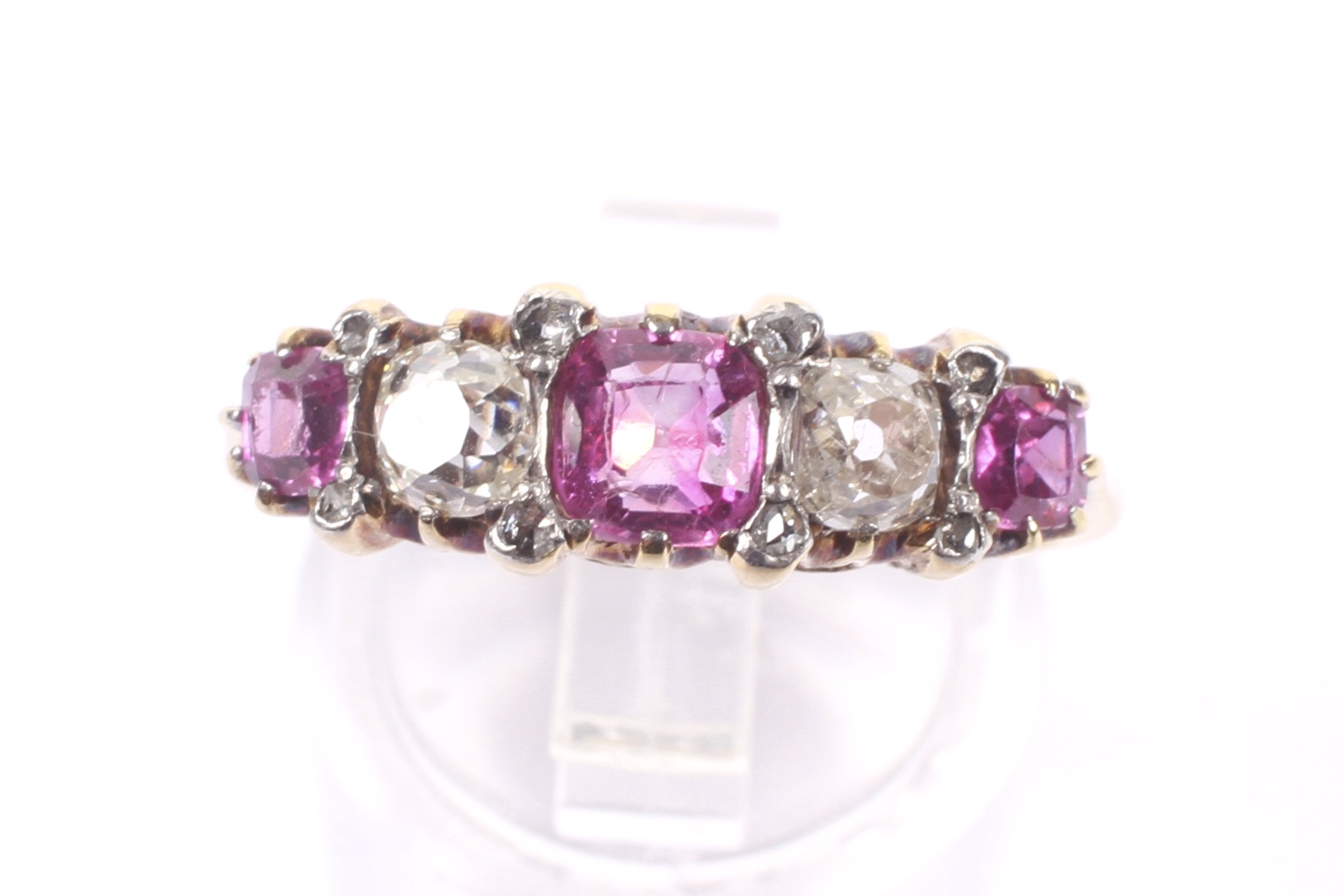 A late Victorian gold, ruby and diamond five stone ring with rose diamond points. - Image 3 of 4
