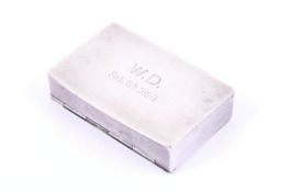 A silver rectangular double sided pocket stamp box.