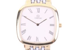 Omega, De Ville, a gentleman's gold plated and stainless steel oblong quartz bracelet watch,