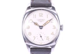 Longines, a gentleman's stainless steel tonneau shaped wrist watch, circa 1935.