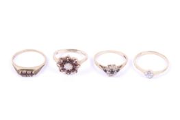 Four 9ct gold and gem set dress rings.