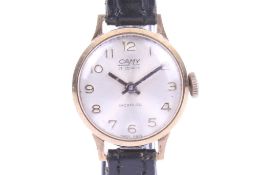 Carny, a lady's 9ct gold cased round wrist watch.