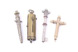 Four propelling pencils including a gold-plated and engine turned example in the form of a Latin