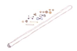 A collection of jewellery to include a pair of white opal twin panel cufflinks,