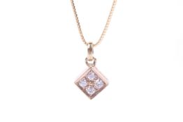 A 9ct gold and diamond four stone square pendant and a chain.