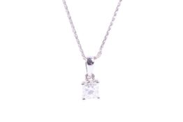 A princess diamond single stone pendant and chain. The princess-cut stone approx. 0.
