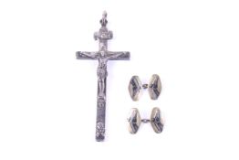 A cruicifix, a pair of enamelled hexagonal twin-panel cufflinks, each depicting a horse's head,
