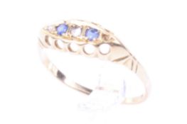 An early 20th gold, diamond and blue-stone five stone ring.