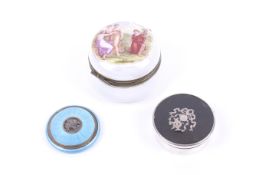 Three round boxes including a Continental silver and blue guilloche enamelled round compact.