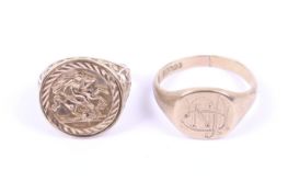 A 9ct gold oblong signet ring with initials and a St George pseudo coin ring.