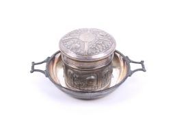 A silver two-handled shallow dish and an Indian embossed box.