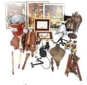 A collection of assorted Indian related items. Including pictures, ornaments, a fire bucket, etc.