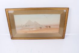 Douglas Houzen Pinder (1886-1949) watercolour of camels walking in the desert with the pyramids in