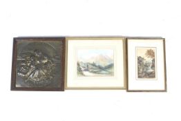 Two 20th century watercolours and a brass plaque.