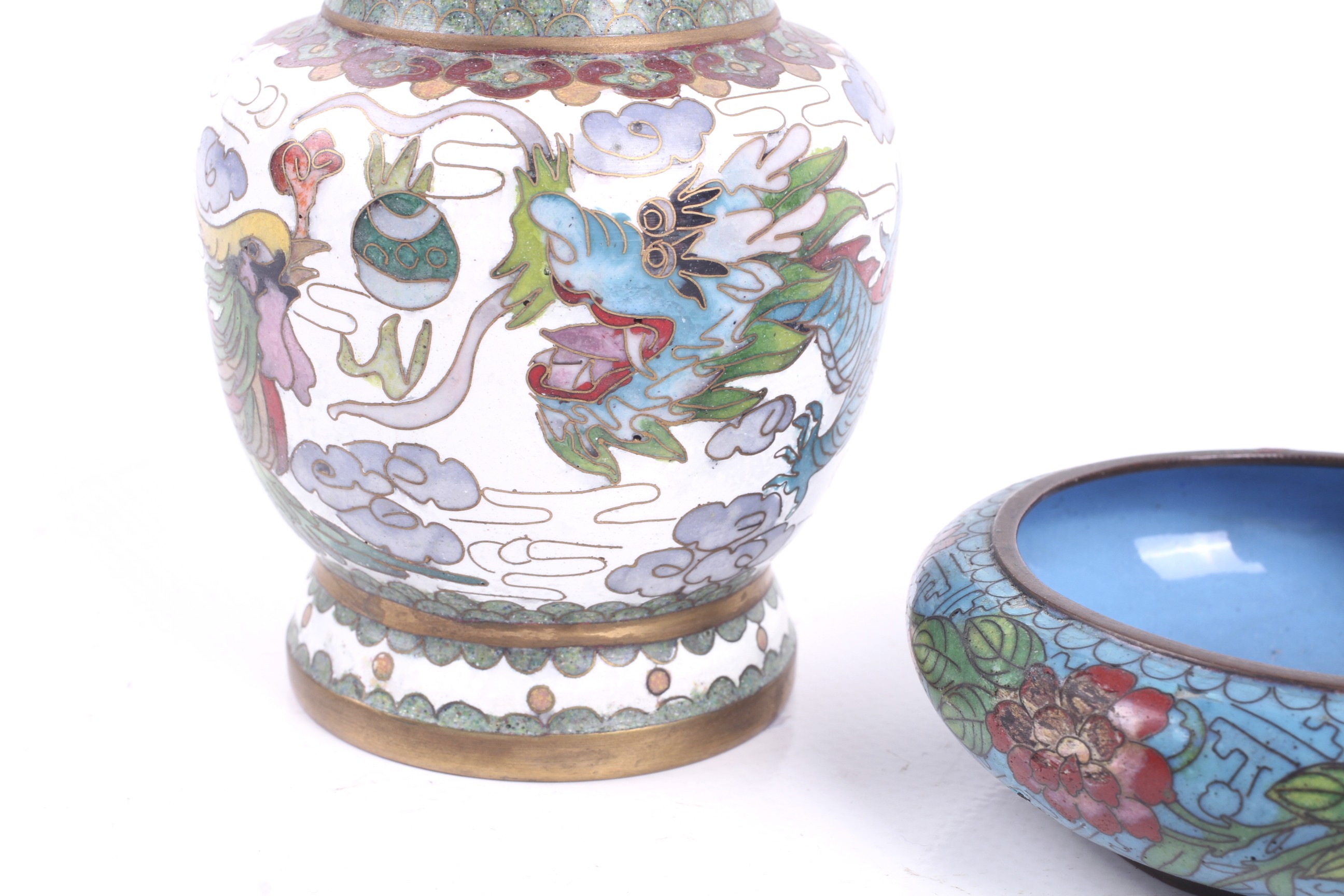 A small Chinese cloisonne vase and a dish. - Image 2 of 2