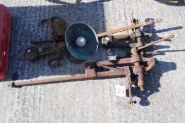 A set of vintage balance scales with two vices. The scales complete with hooks and balance, L108cm.