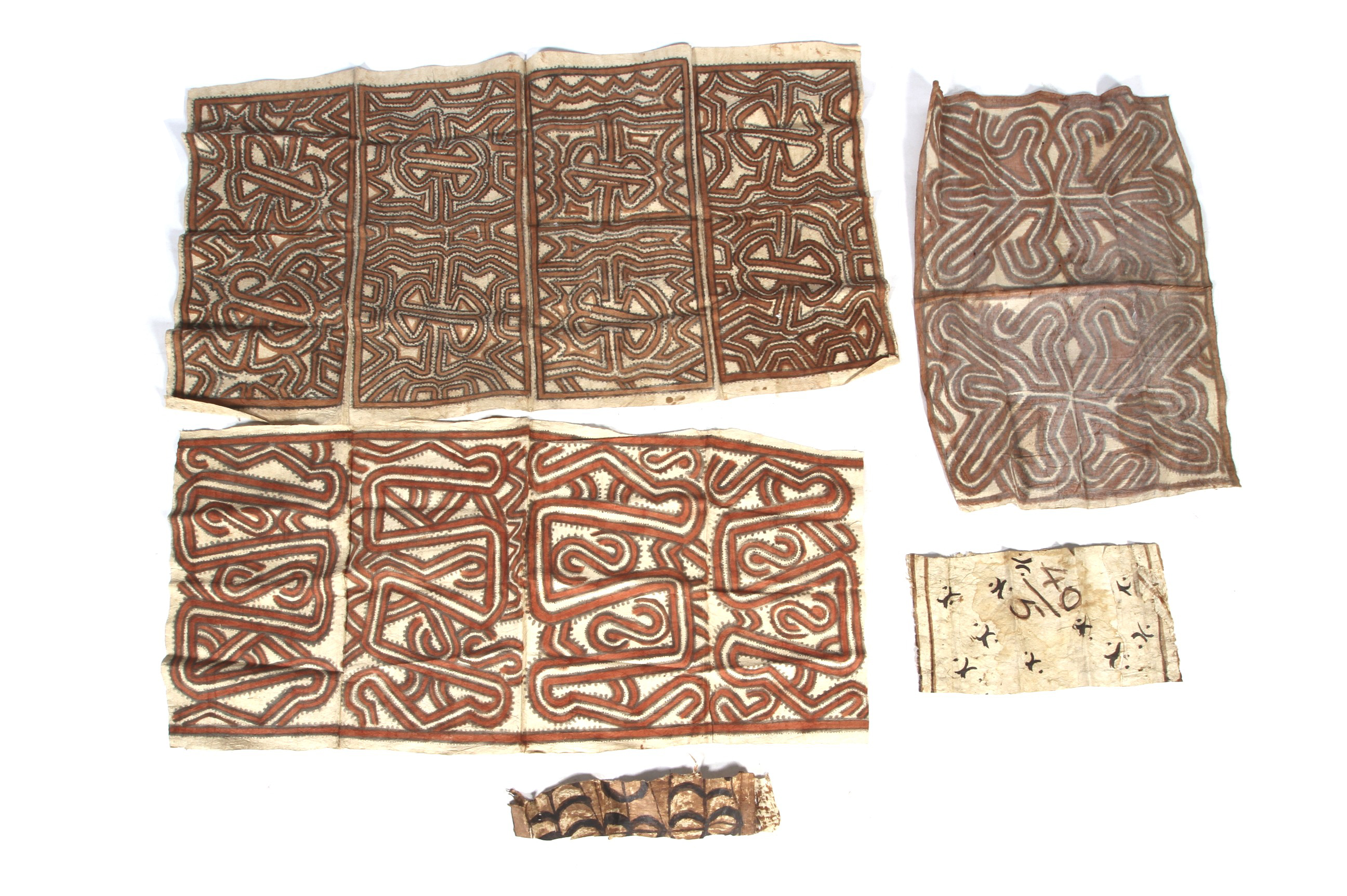 Papua New Guinea. Five lengths of painted tapa cloth.